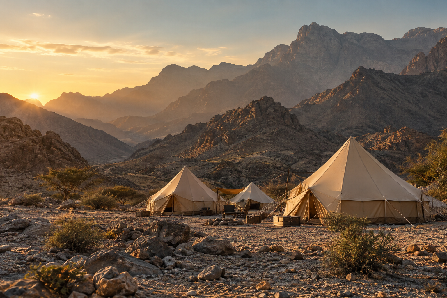Illustrative tents in a sunlit mountain valley